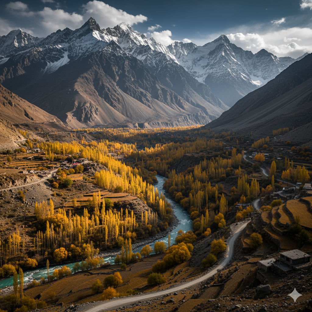Lush Green Valley with River in Northern Pakistan